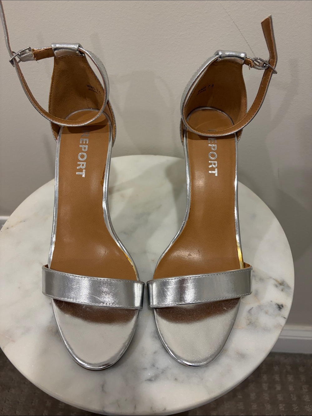 Report Metallic Silver Ankle-Strap Heel Sandals